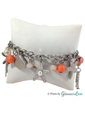 Starfish Charm Bracelet Silver Tone Coral Beads Shell Beach Theme
